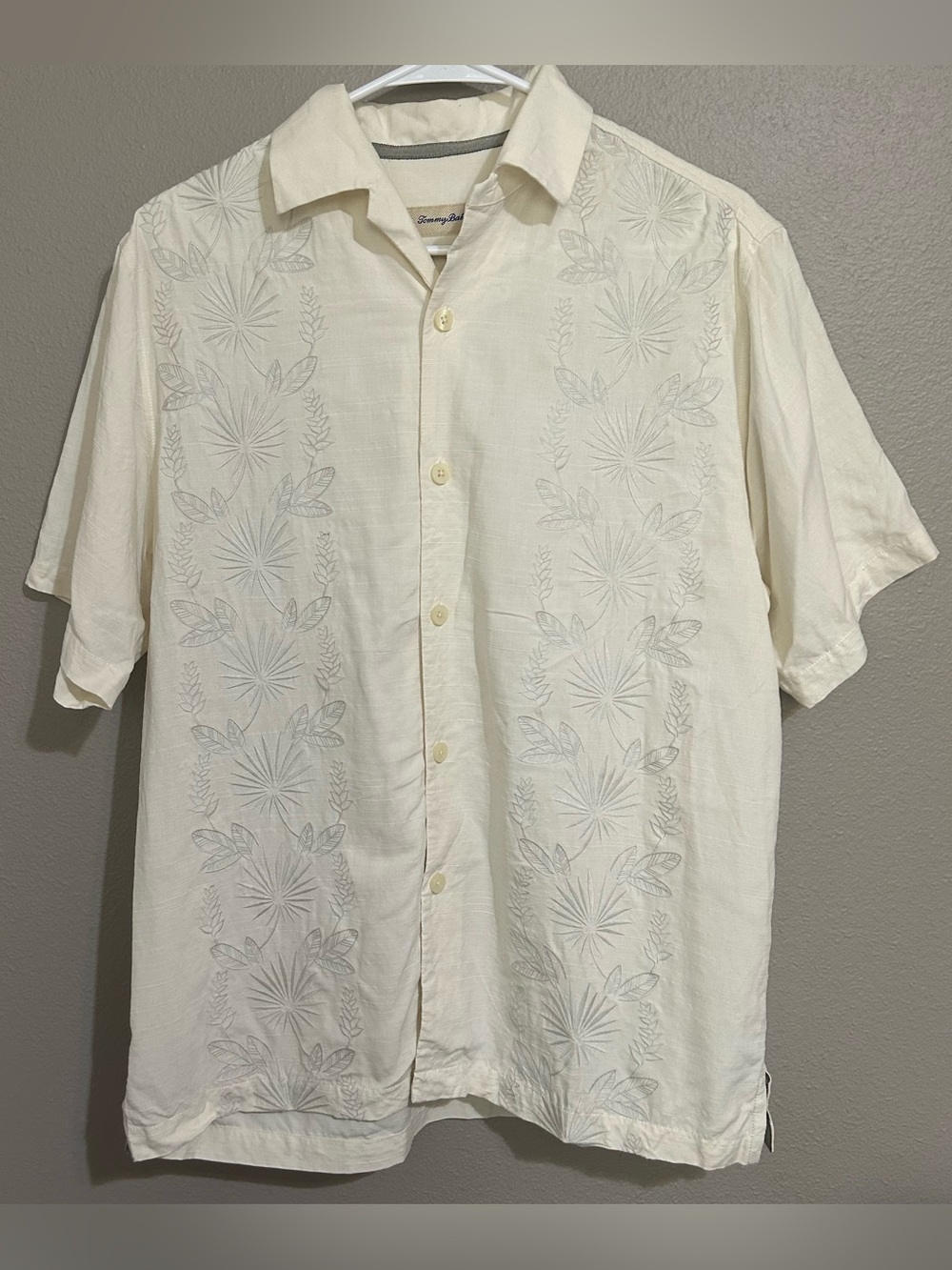 Tommy Bahama Neutral Silk & Cotton Embroidered Button Down Shirt Men’s Small